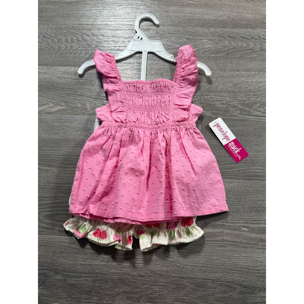 Penelope Mack Pink Swiss Dot Top and Strawberry Cherry Shorts Set 12M NWT
